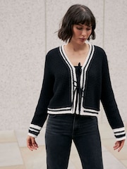 Mint Velvet Black Contrast Cotton Blend Trim Cardigan - Image 2 of 8
