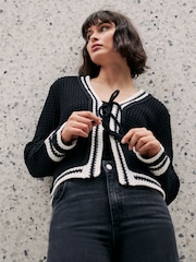 Mint Velvet Black Contrast Cotton Blend Trim Cardigan - Image 3 of 8