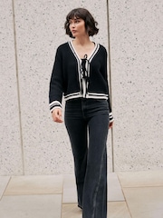 Mint Velvet Black Contrast Cotton Blend Trim Cardigan - Image 4 of 8