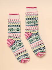 Joules Lucille White/Green Fair Isle Cotton Blend Socks - Image 1 of 3