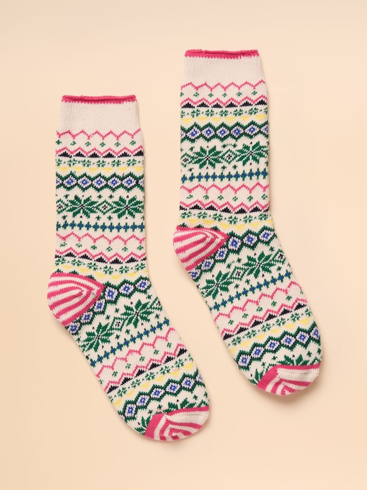 Joules Lucille White/Green Fair Isle Cotton Blend Socks - Image 1 of 3