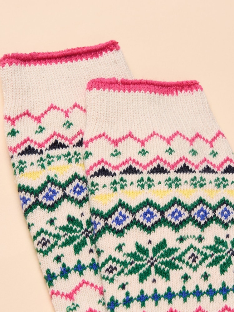 Joules Lucille White/Green Fair Isle Cotton Blend Socks - Image 2 of 3