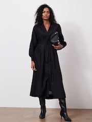 Mint Velvet Black Pleated Midi Shirt Dress - Image 1 of 9