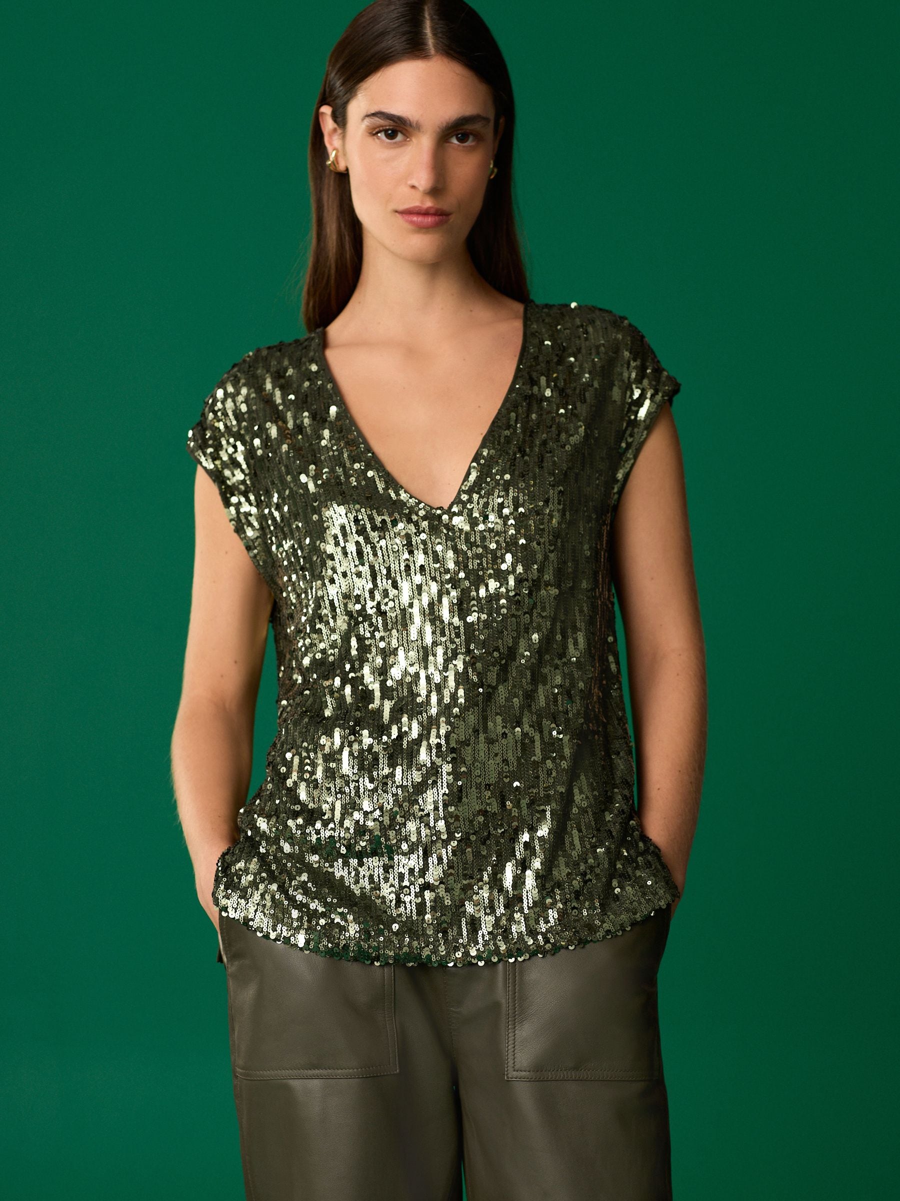 Buy Green Sequin V-Neck Sleeveless Top from Next Luxembourg