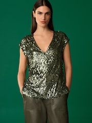 Green Sequin V-Neck Sleeveless Top - Image 1 of 6