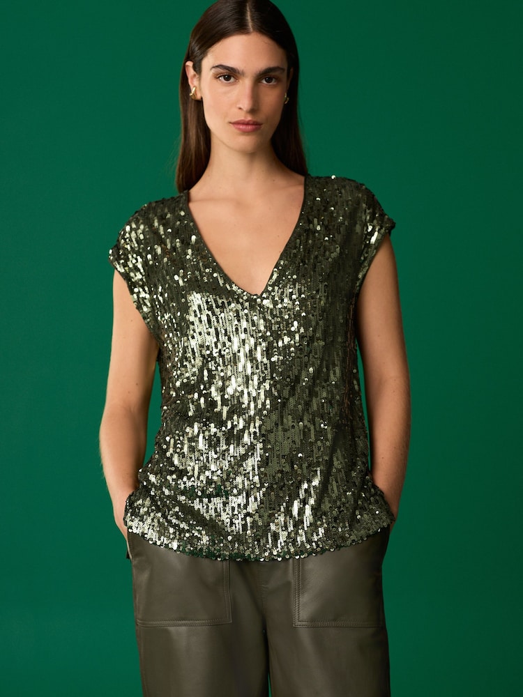 Green Sequin V-Neck Sleeveless Top - Image 1 of 6