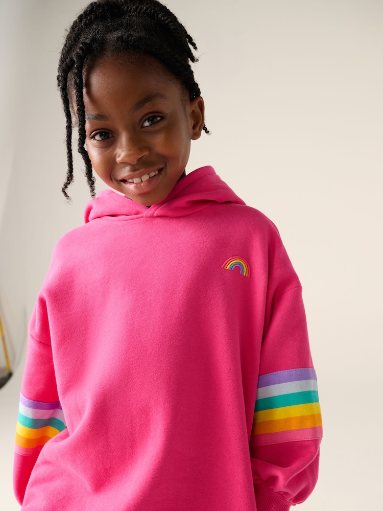 Little Bird by Jools Oliver Pink Pastel Rainbow Stripe Hooded Sweat Dress - Image 2 of 7 Little Bird by Jools Oliver Pink Pastel Rainbow Stripe Hooded Sweat Dress - Image 2 of 7