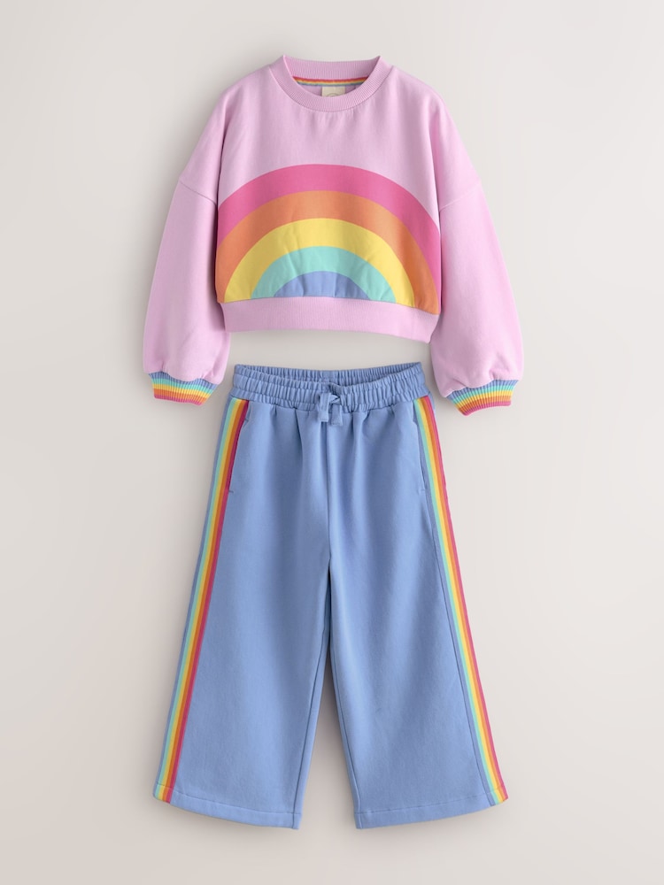 Little Bird by Jools Oliver Pink/Lilac Pastel Rainbow Sweatshirt and Wide Leg Joggers Set - Image 1 of 5