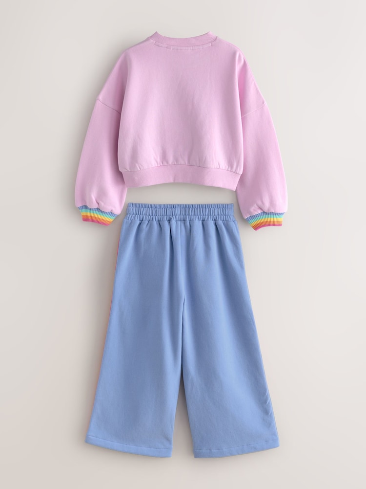 Little Bird by Jools Oliver Pink/Lilac Pastel Rainbow Sweatshirt and Wide Leg Joggers Set - Image 2 of 5