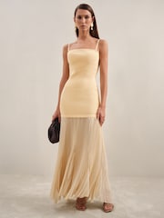 Reiss Yellow Milana Pleated Skirt Ribbed Midi Dress - Image 1 of 5