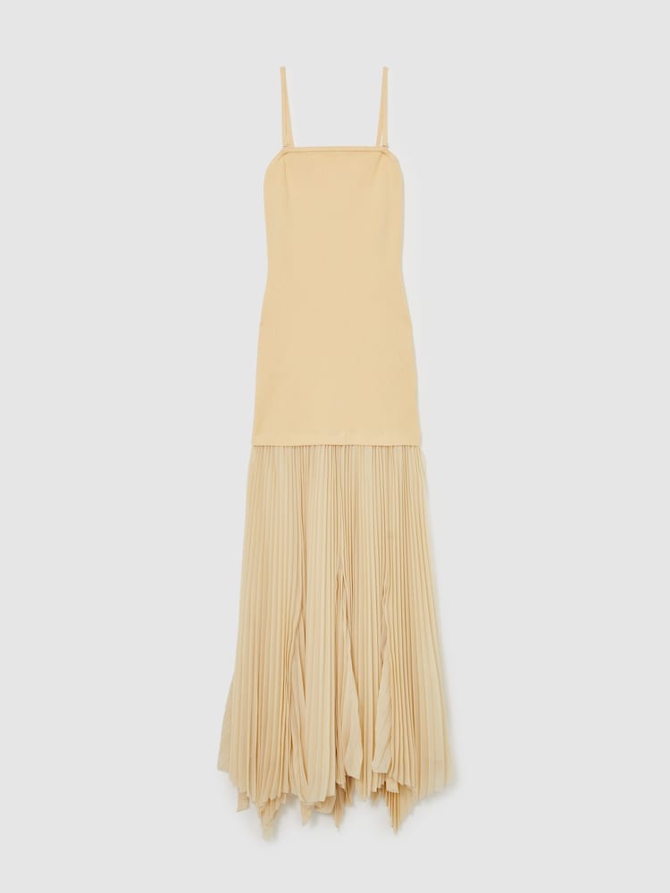 Reiss Yellow Milana Pleated Skirt Ribbed Midi Dress - Image 2 of 5