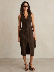 Reiss Chocolate Brown Amelia Lattice-Front Midi Dress - Image 1 of 6