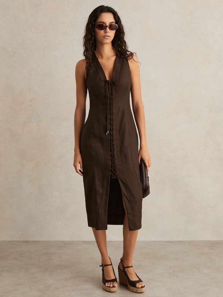 Reiss Chocolate Brown Amelia Lattice-Front Midi Dress - Image 1 of 6