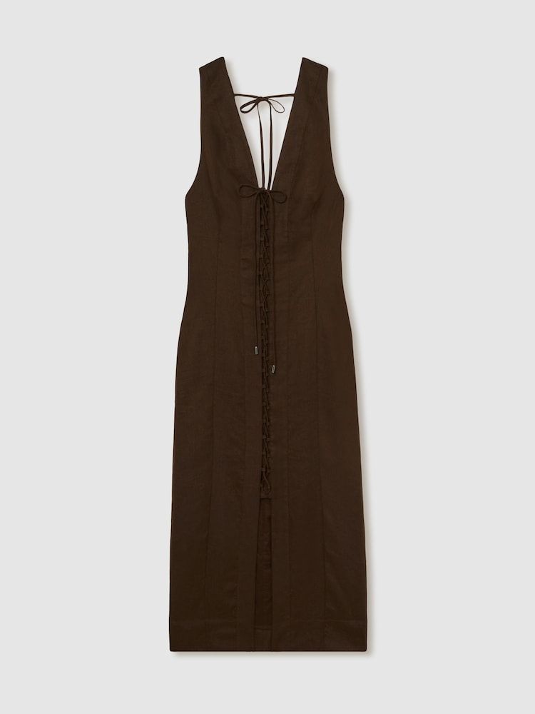 Reiss Chocolate Brown Amelia Lattice-Front Midi Dress - Image 2 of 6
