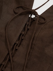 Reiss Chocolate Brown Amelia Lattice-Front Midi Dress - Image 6 of 6