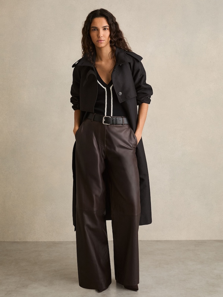 Reiss Chocolate Mercey Petite Leather Wide Leg Trousers - Image 1 of 8