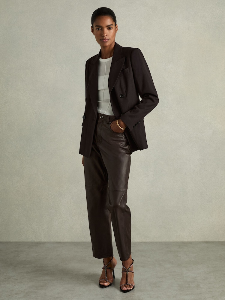 Reiss Chocolate Verona Petite Leather Slim-Leg Trousers - Image 1 of 6