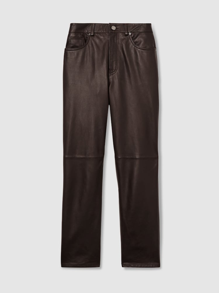 Reiss Chocolate Verona Petite Leather Slim-Leg Trousers - Image 2 of 6