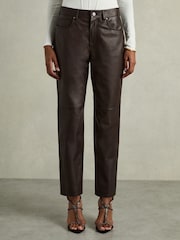 Reiss Chocolate Verona Petite Leather Slim-Leg Trousers - Image 3 of 6