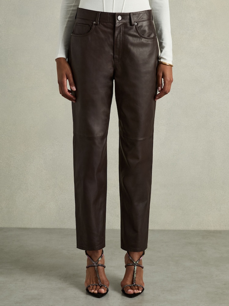 Reiss Chocolate Verona Petite Leather Slim-Leg Trousers - Image 3 of 6