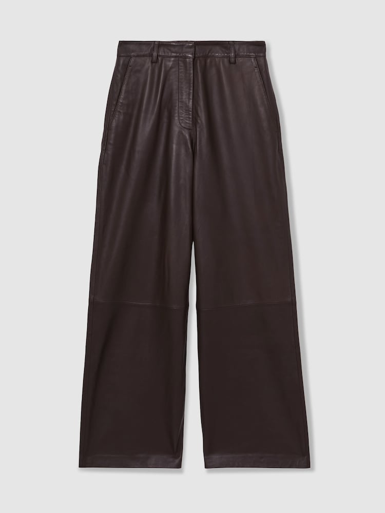 Reiss Chocolate Mercey Leather Wide Leg Trousers - Image 2 of 7