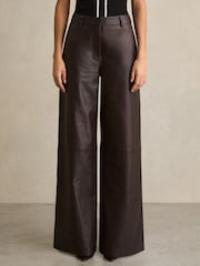Reiss Chocolate Mercey Leather Wide Leg Trousers - Image 3 of 7