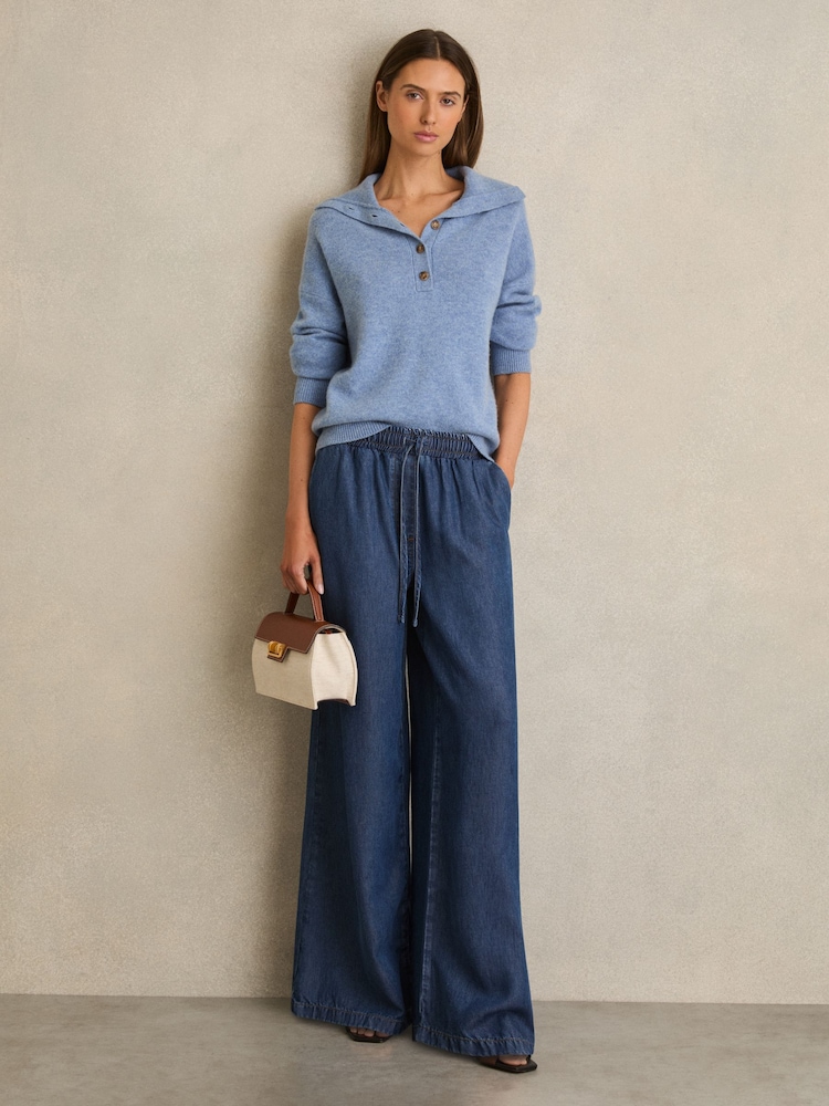 Reiss Mid Blue Parker Wide-Leg Chambray Drawstring Trousers - Image 1 of 6