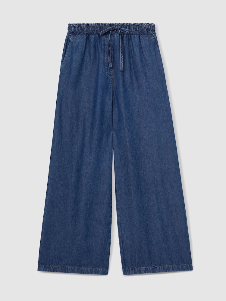 Reiss Mid Blue Parker Wide-Leg Chambray Drawstring Trousers - Image 2 of 6