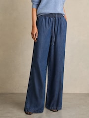 Reiss Mid Blue Parker Wide-Leg Chambray Drawstring Trousers - Image 3 of 6