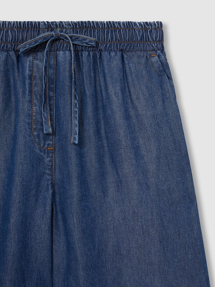Reiss Mid Blue Parker Wide-Leg Chambray Drawstring Trousers - Image 6 of 6