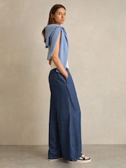 Reiss Mid Blue Parker Petite Wide-Leg Chambray Drawstring Trousers - Image 1 of 7