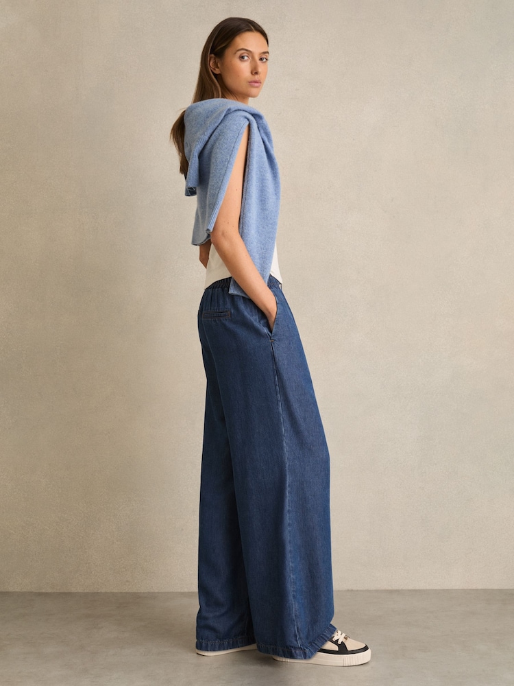 Reiss Mid Blue Parker Petite Wide-Leg Chambray Drawstring Trousers - Image 1 of 7