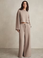 Taupe - Reiss Freya Wide Leg Drawstring Joggers - Image 1 of 6