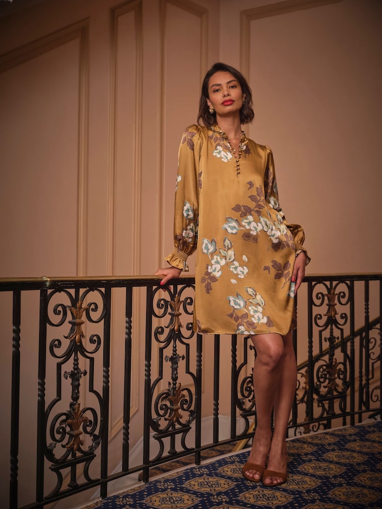 FatFace Silas Gold Printed Dress - Image 1 of 5