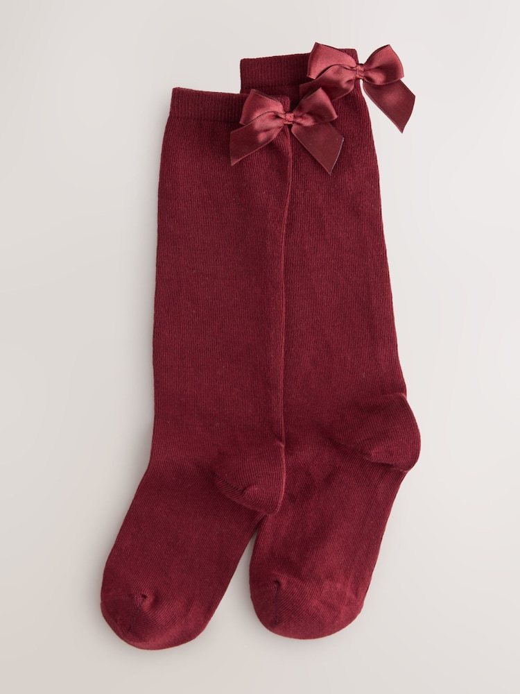 Plum Purple 2 Pack Cotton Rich Bow Knee High Socks - Image 1 of 3