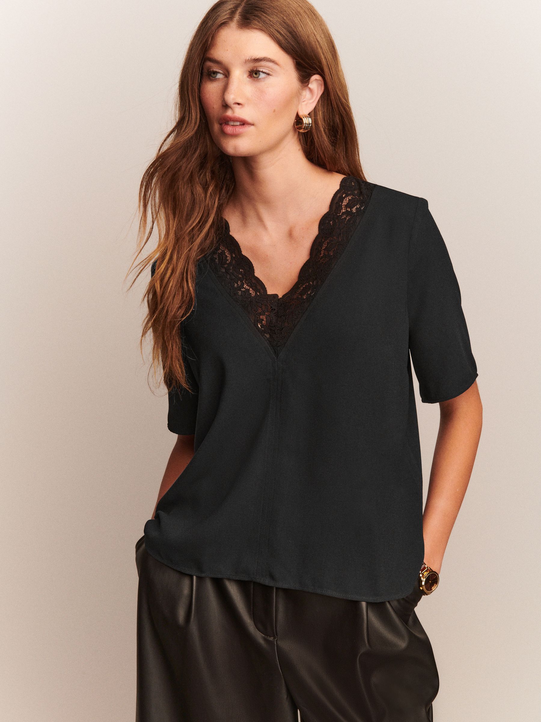 Buy Black Short Sleeve Lace Trim V-Neck Top from Next USA