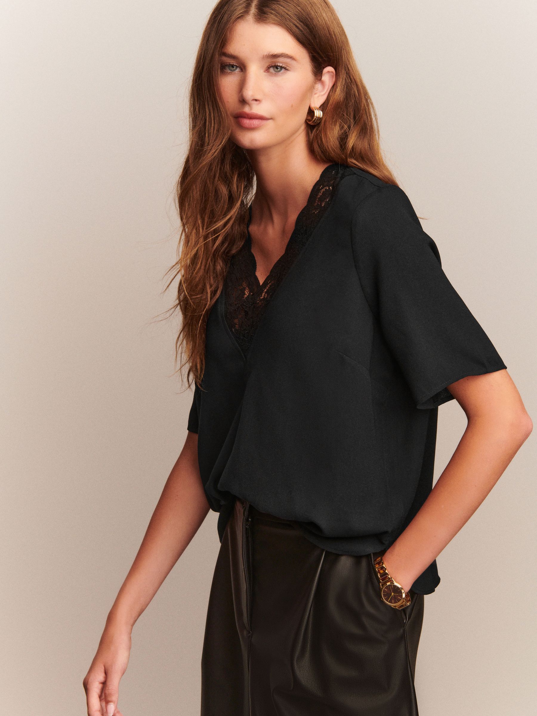Buy Black Short Sleeve Lace Trim V-Neck Top from Next USA