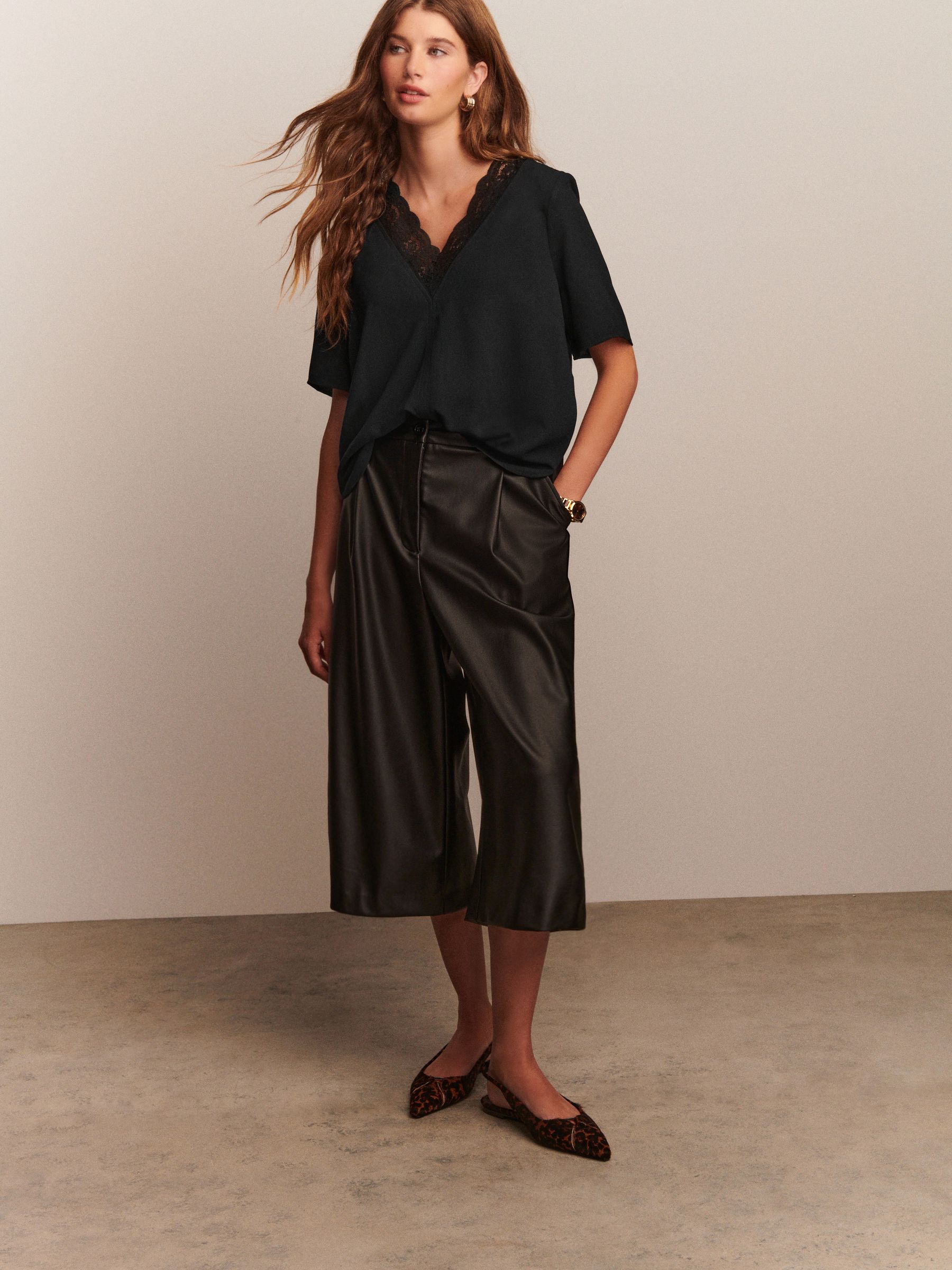 Buy Black Short Sleeve Lace Trim V-Neck Top from Next USA