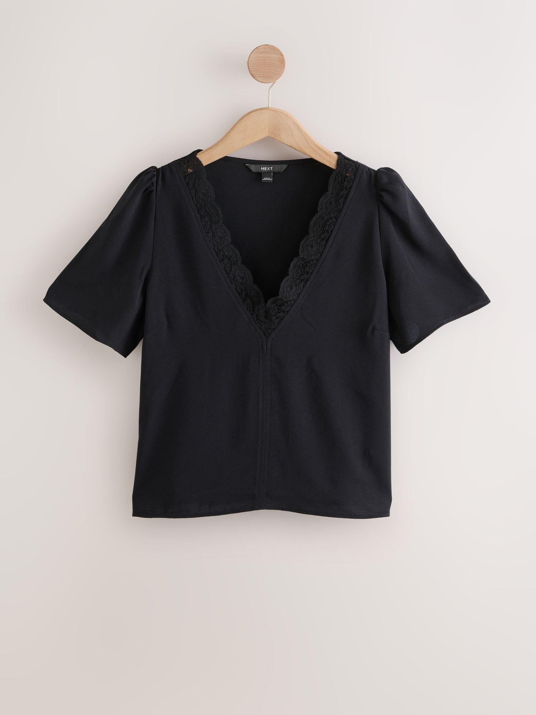 Buy Black Short Sleeve Lace Trim V-Neck Top from Next USA
