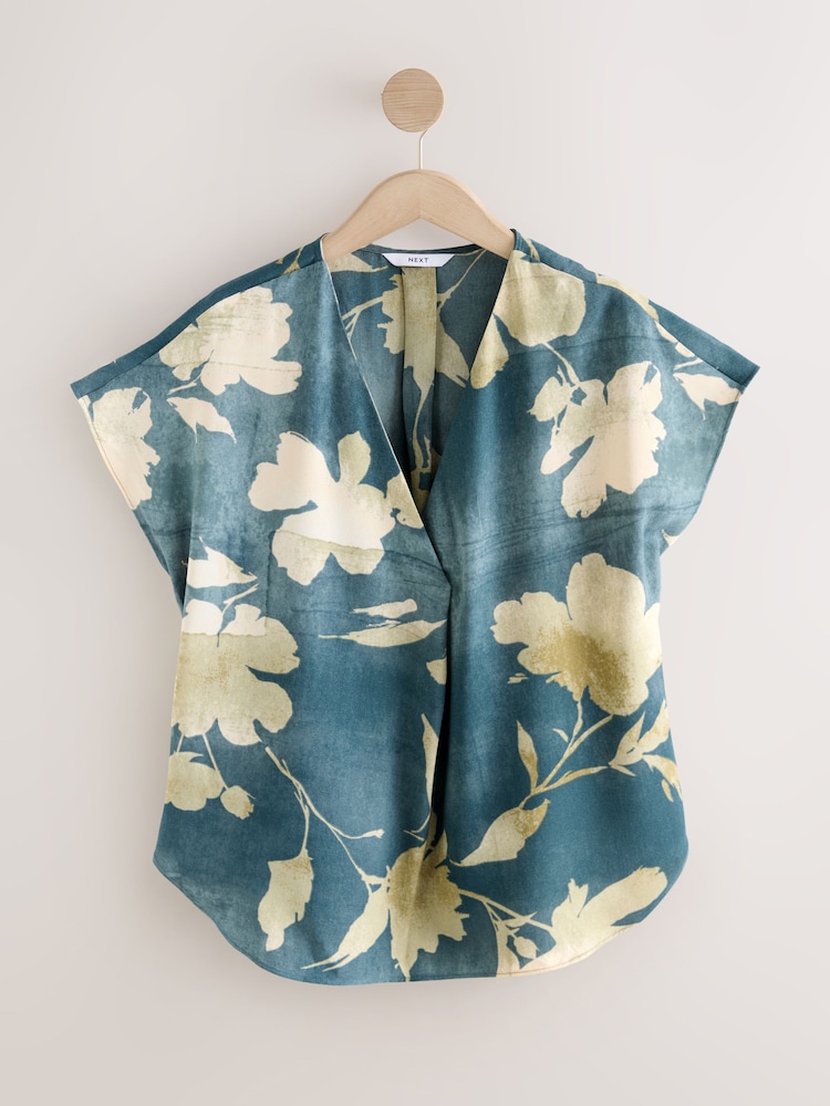 Slate/Cream Floral Relaxed Fit Short Sleeve Overhead V-Neck Blouse - Image 1 of 3