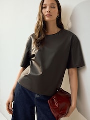 Chocolate Brown Faux Leather Short Sleeve T-Shirt - Image 1 of 5