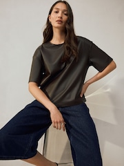 Chocolate Brown Faux Leather Short Sleeve T-Shirt - Image 3 of 5