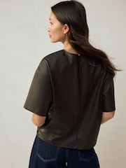 Chocolate Brown Faux Leather Short Sleeve T-Shirt - Image 4 of 5