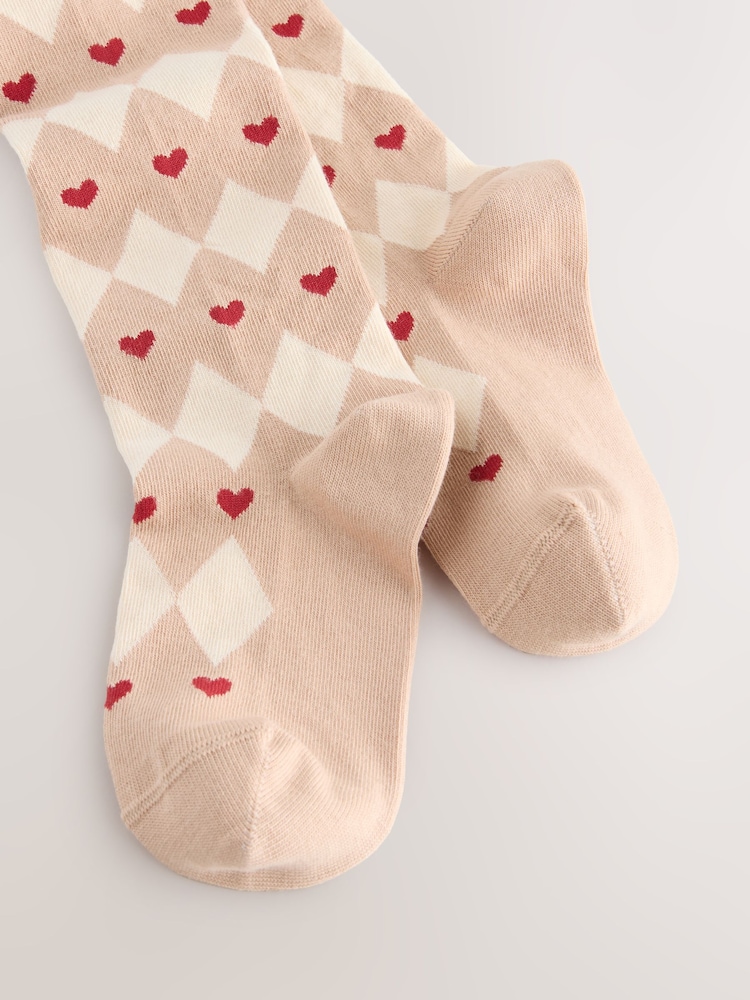 Cream/Red Cotton Rich Argyle Heart Print Tights - Image 3 of 3