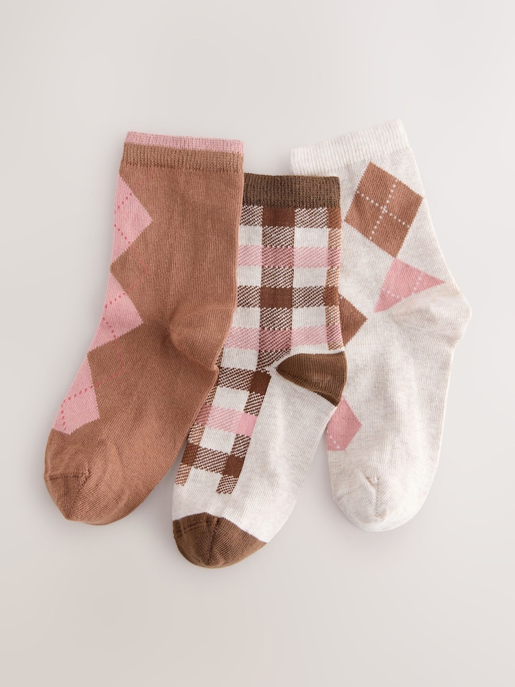 Chocolate Brown and Oatmeal Cotton Rich Argyle Ankle Socks 3 Pack - Image 1 of 3