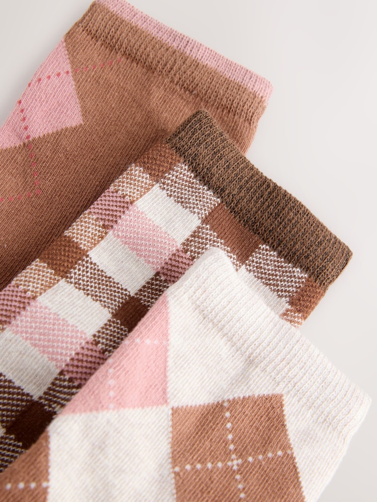 Chocolate Brown and Oatmeal Cotton Rich Argyle Ankle Socks 3 Pack - Image 2 of 3