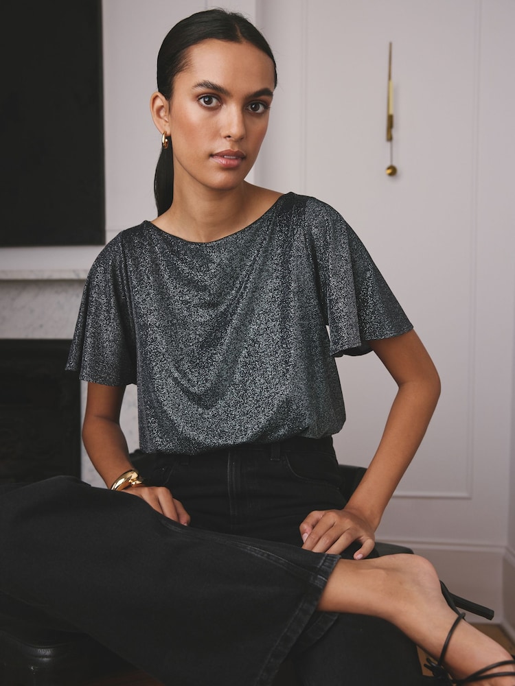 Black / Silver Sparkle Fluted Sleeve Bodysuit - Image 1 of 1