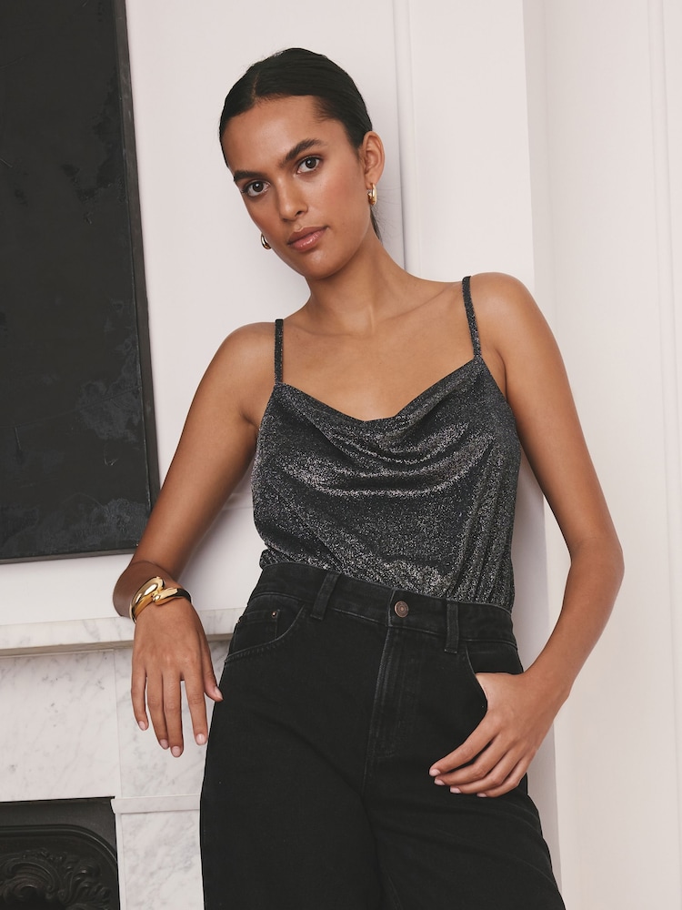 Black / Silver Sparkle Cowl Neck Strappy Bodysuit - Image 1 of 1