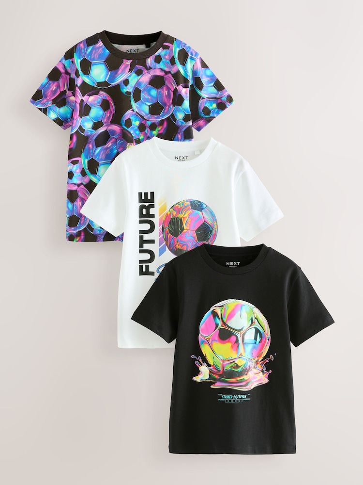 Black/White/Multi Football Regular Fit Graphic Print Short Sleeve T-Shirts 3 Pack (3-16yrs) - Image 1 of 7 Black/White/Multi Football Regular Fit Graphic Print Short Sleeve T-Shirts 3 Pack (3-16yrs) - Image 1 of 7