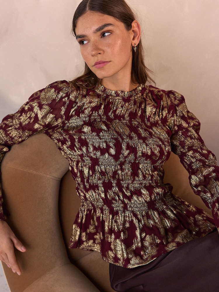 Burgundy/Gold Long Sleeve Metallic Smocked Top - Image 1 of 8